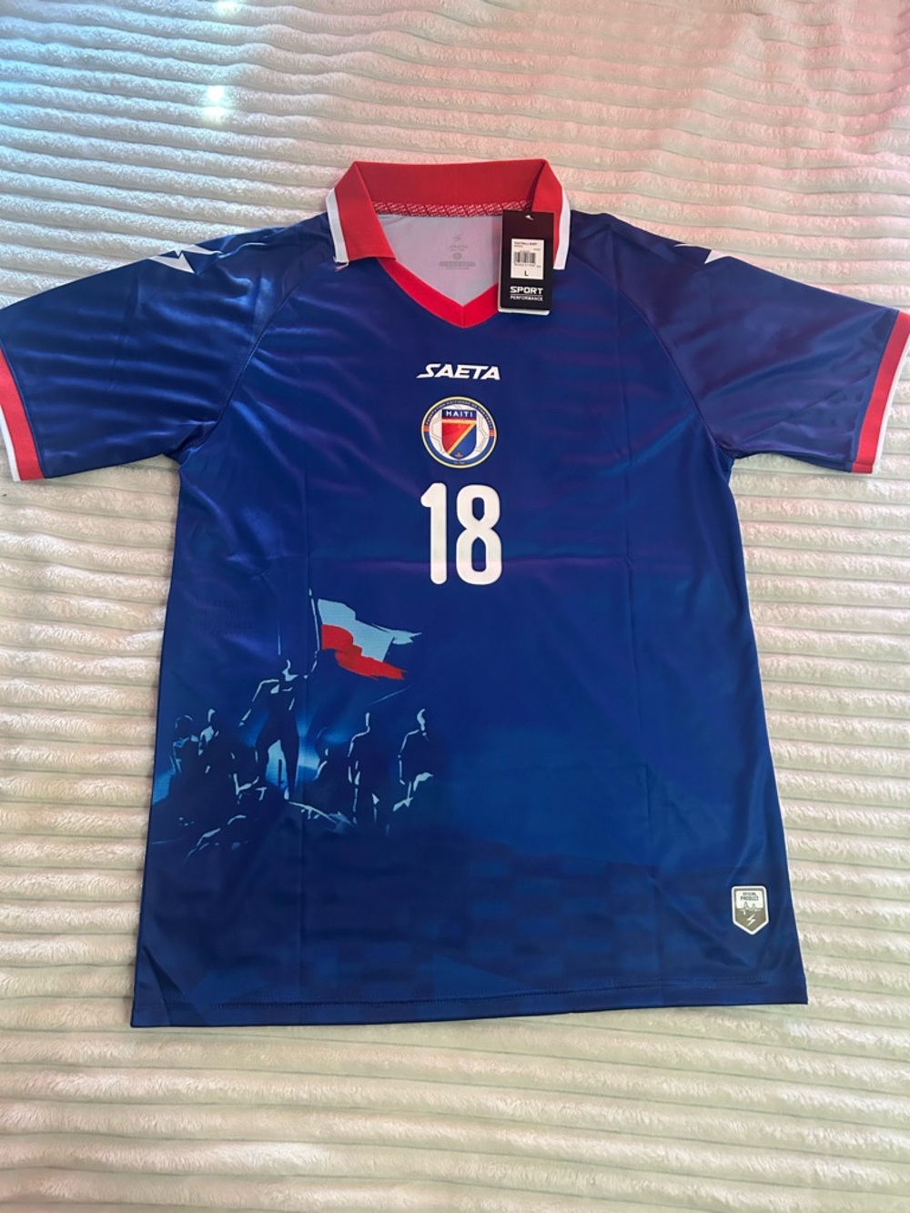 Haiti Blue #18 Soccer Jersey with Red Trim